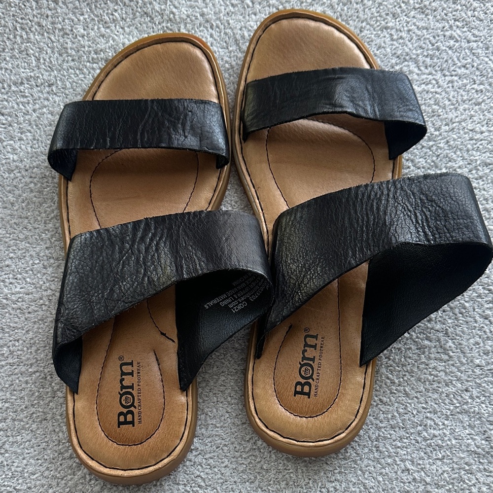 Born Black Leather Double-Strap Slide Sandals - Women 9